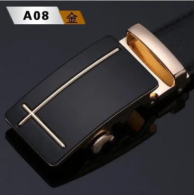 Men's two-layer cowhide belt with gold alloy automatic buckle on a flat surface
