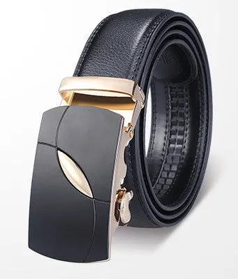 Men's two-layer cowhide belt with gold alloy automatic buckle on a flat surface