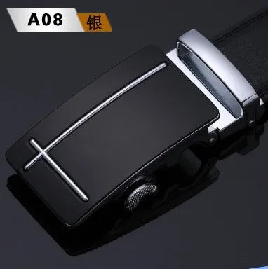 Men's two-layer cowhide belt with gold alloy automatic buckle on a flat surface