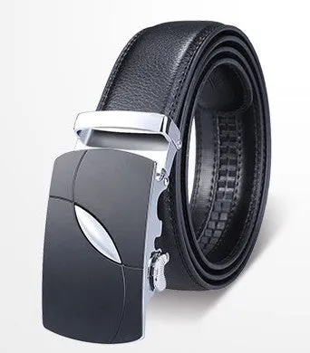 Men's two-layer cowhide belt with gold alloy automatic buckle on a flat surface