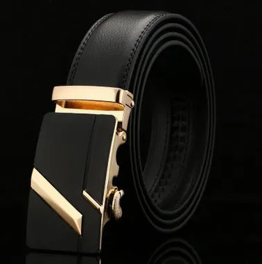 Men's two-layer cowhide belt with gold alloy automatic buckle on a flat surface