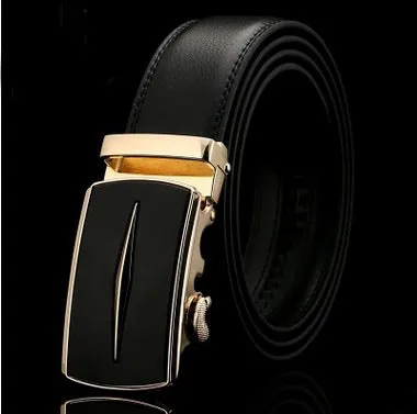 Men's two-layer cowhide belt with gold alloy automatic buckle on a flat surface