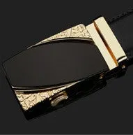 Men's two-layer cowhide belt with gold alloy automatic buckle on a flat surface