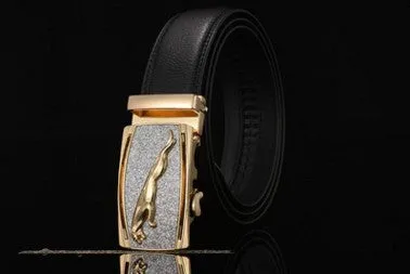 Men's two-layer cowhide belt with gold alloy automatic buckle on a flat surface