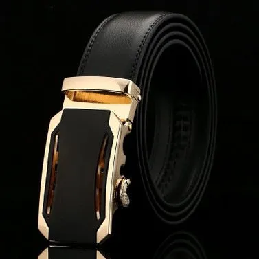Men's two-layer cowhide belt with gold alloy automatic buckle on a flat surface