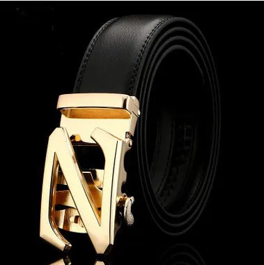 Men's two-layer cowhide belt with gold alloy automatic buckle on a flat surface