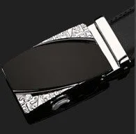 Men's two-layer cowhide belt with gold alloy automatic buckle on a flat surface