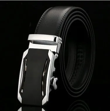 Men's two-layer cowhide belt with gold alloy automatic buckle on a flat surface