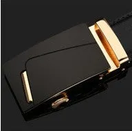 Men's two-layer cowhide belt with gold alloy automatic buckle on a flat surface
