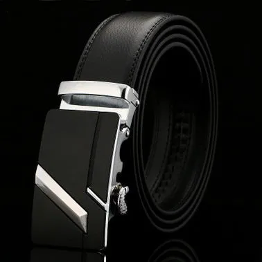 Men's two-layer cowhide belt with gold alloy automatic buckle on a flat surface