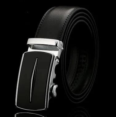 Men's two-layer cowhide belt with gold alloy automatic buckle on a flat surface
