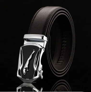 Men's two-layer cowhide belt with gold alloy automatic buckle on a flat surface