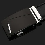 Men's two-layer cowhide belt with gold alloy automatic buckle on a flat surface