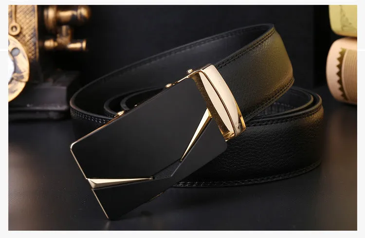 Men's two-layer cowhide belt with gold alloy automatic buckle on a flat surface