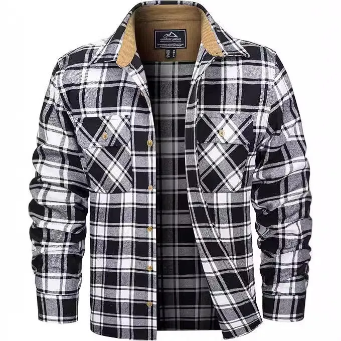 Men's polyester flannel button shirt with plaid pattern in multiple colour options