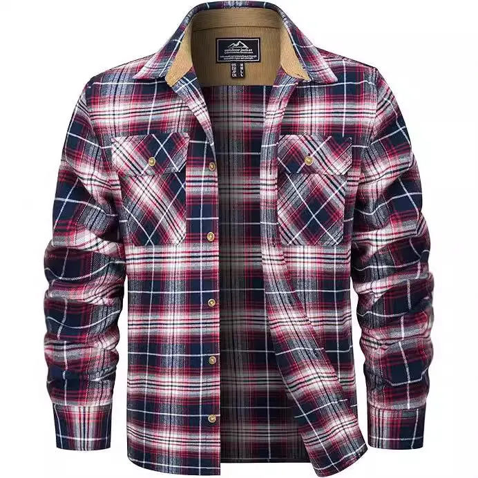 Men's polyester flannel button shirt with plaid pattern in multiple colour options