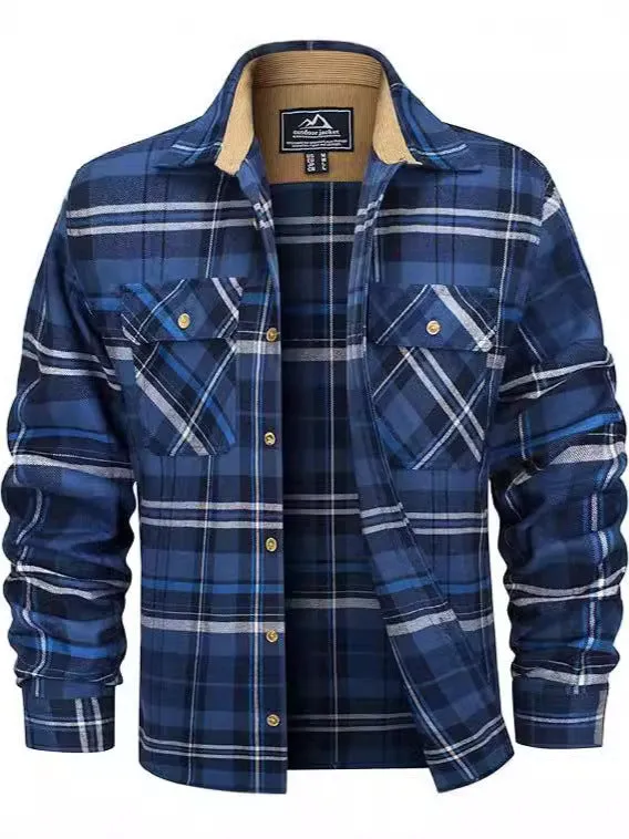 Men's polyester flannel button shirt with plaid pattern in multiple colour options