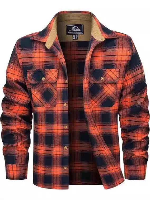 Men's polyester flannel button shirt with plaid pattern in multiple colour options