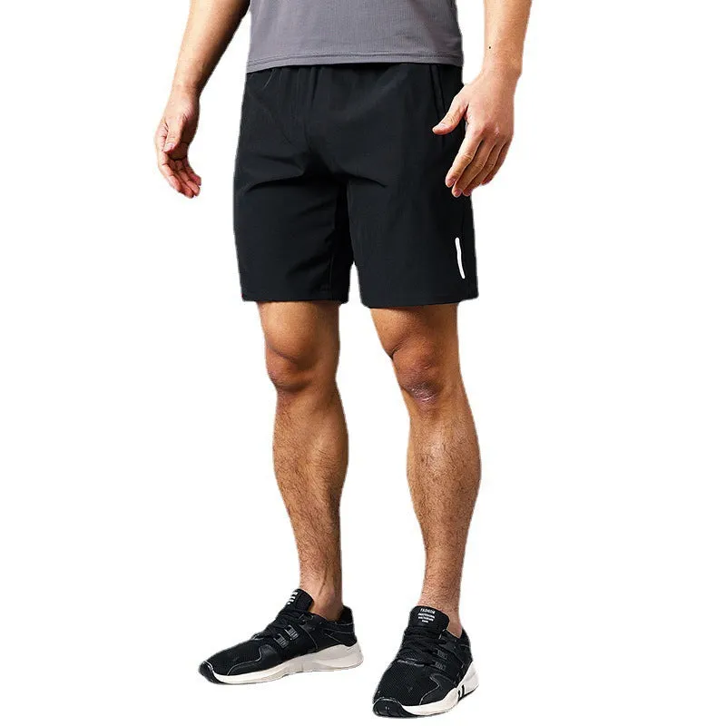 Men's polyester solid colour beach casual sports shorts with zippered pocket in black, gray, and blue