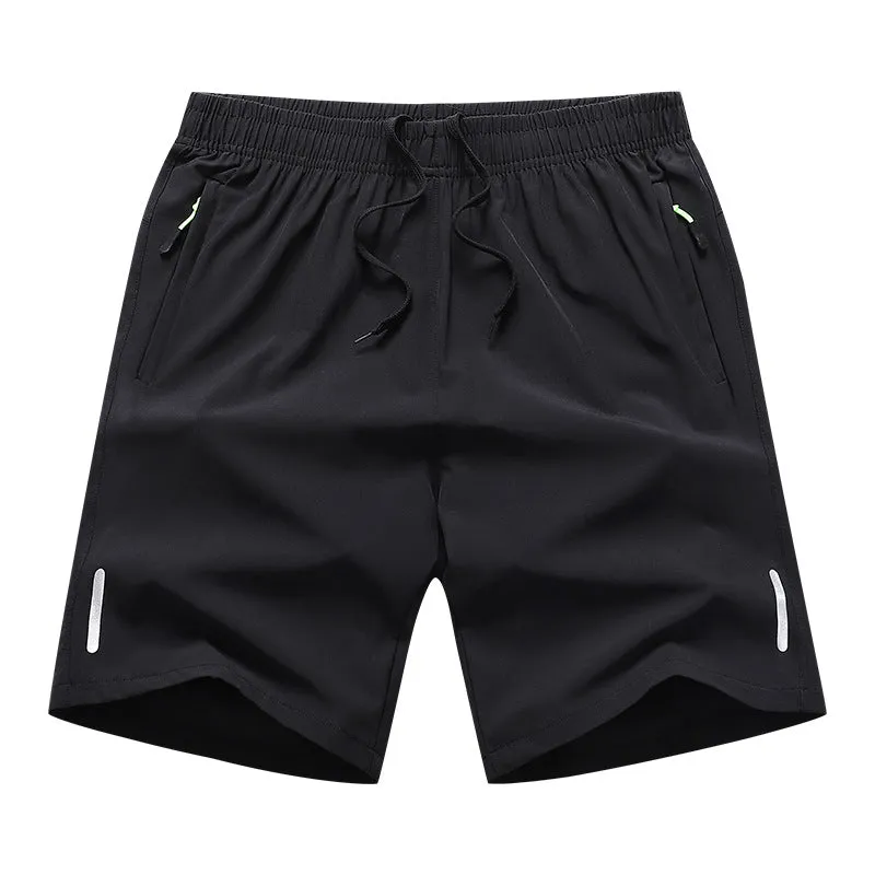 Men's polyester solid colour beach casual sports shorts with zippered pocket in black, gray, and blue
