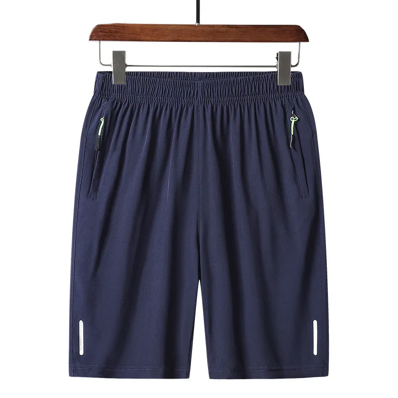 Men's polyester solid colour beach casual sports shorts with zippered pocket in black, gray, and blue