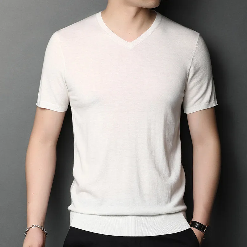 Men's cotton plain short-sleeved T-shirt in beige with non-iron finish