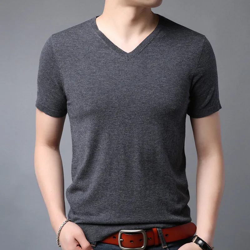 Men's cotton plain short-sleeved T-shirt in beige with non-iron finish