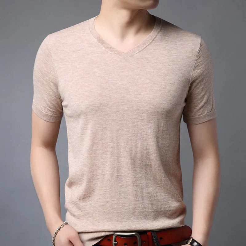 Men's cotton plain short-sleeved T-shirt in beige with non-iron finish