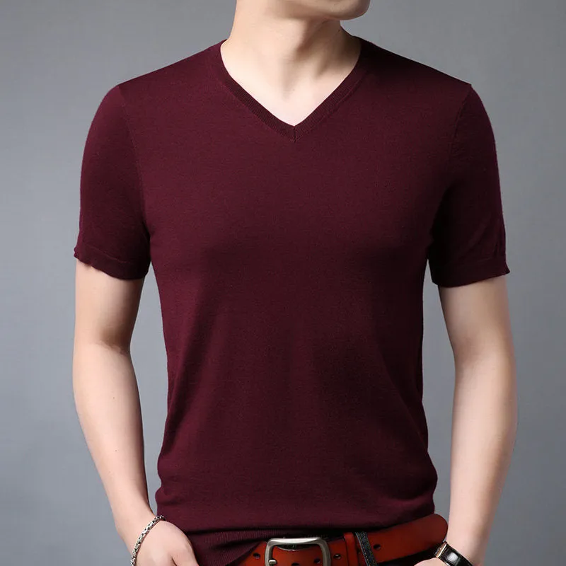 Men's cotton plain short-sleeved T-shirt in beige with non-iron finish