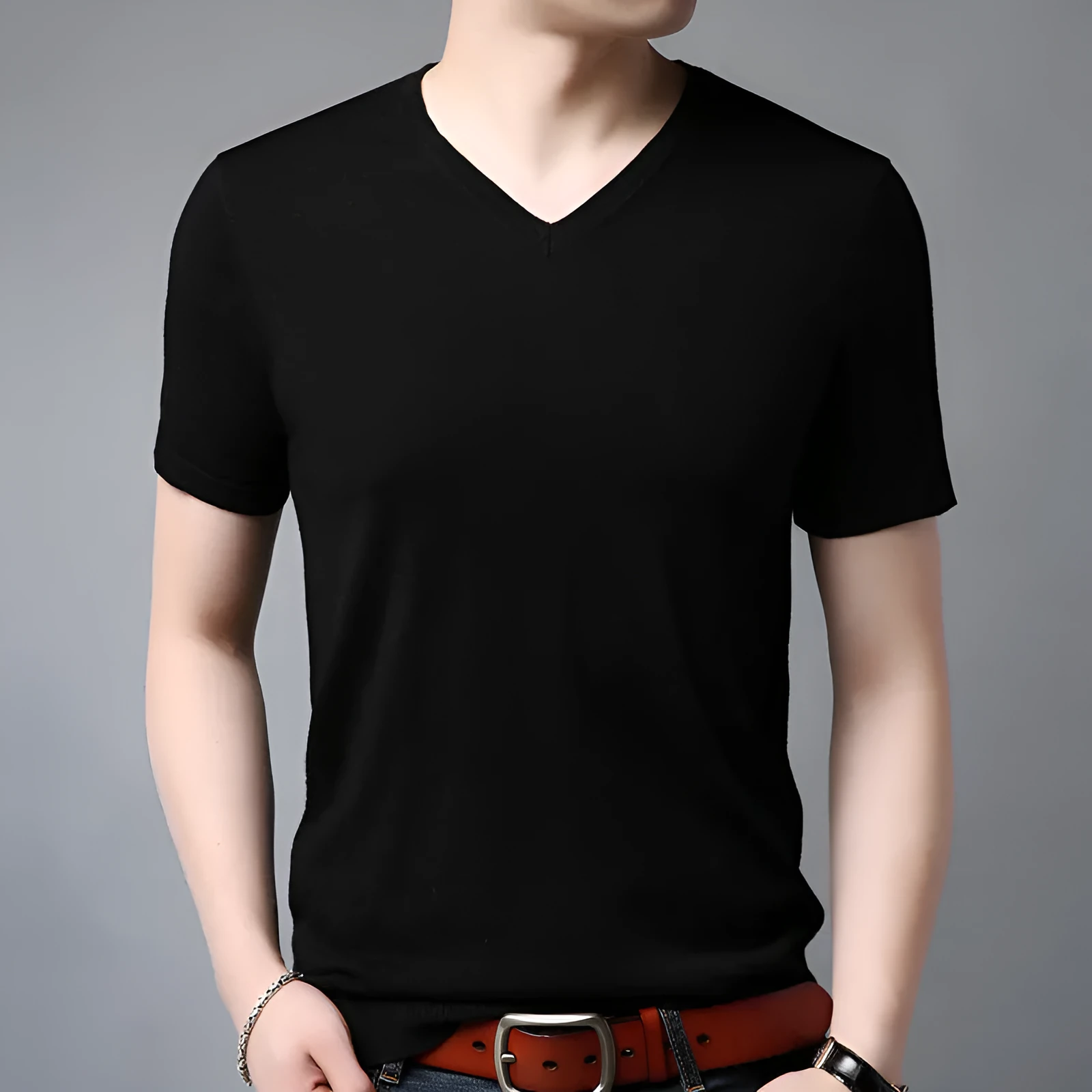Men's cotton plain short-sleeved T-shirt in beige with non-iron finish