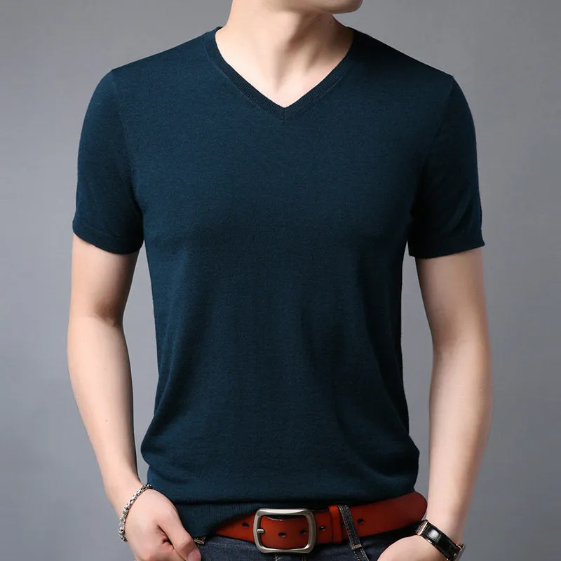 Men's cotton plain short-sleeved T-shirt in beige with non-iron finish