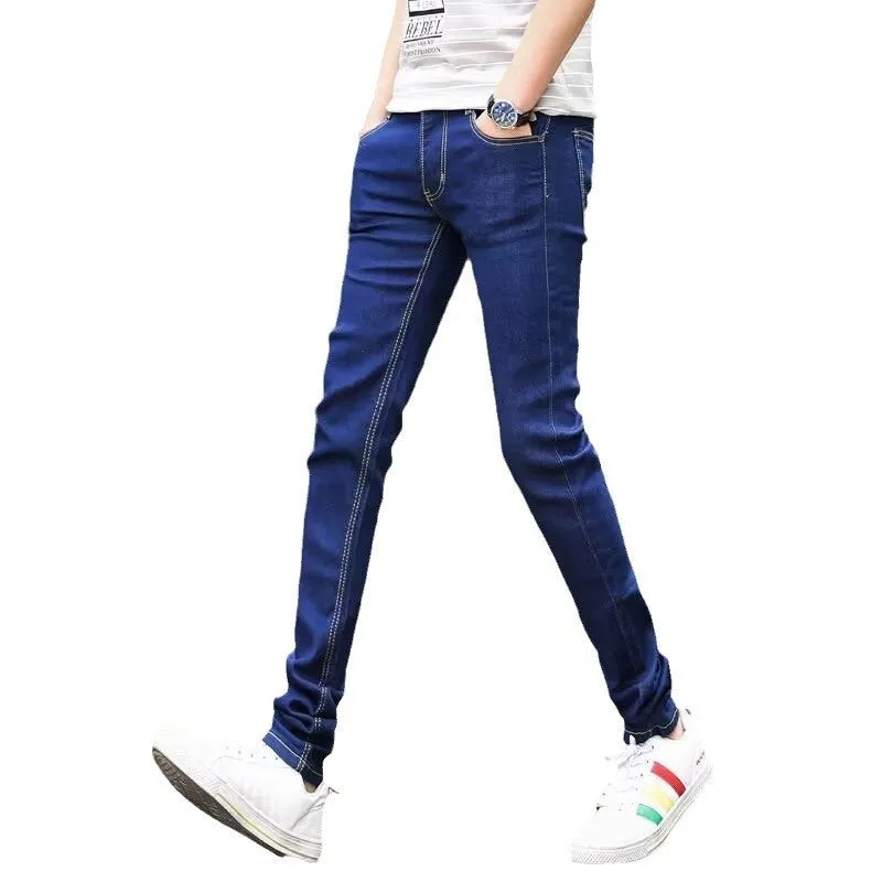 Men's dark blue slim-fit stretch skinny denim pants with zipper fly, side view