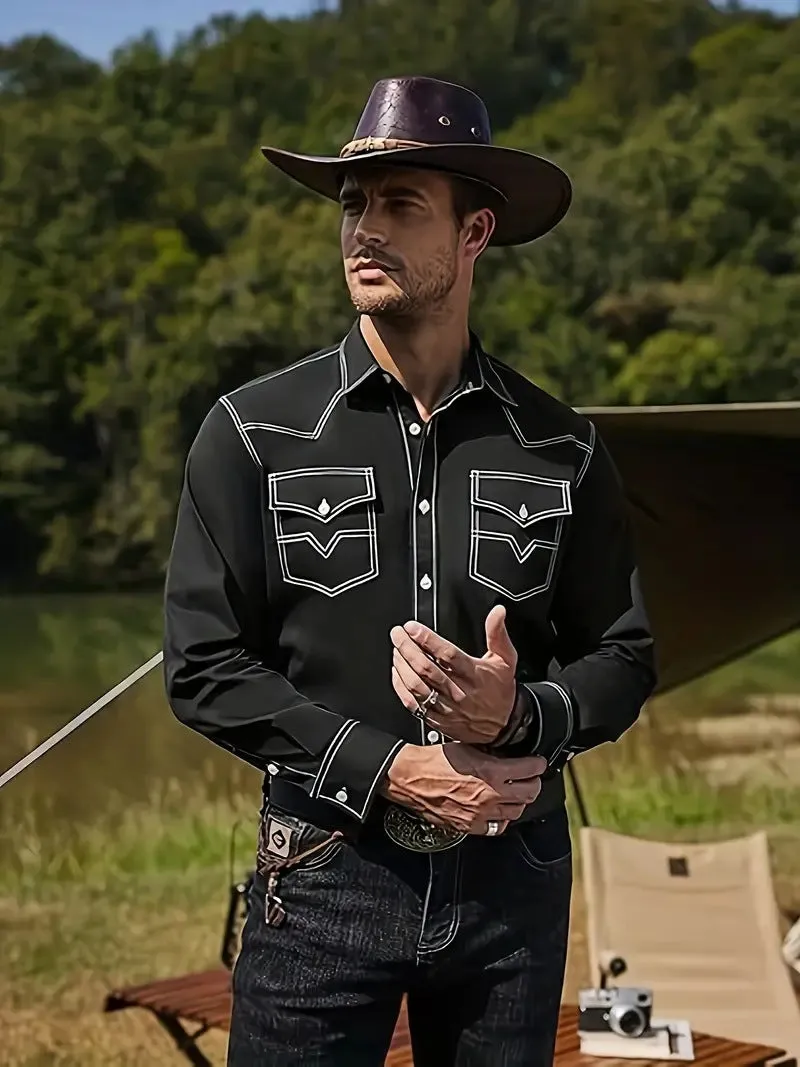 Men's western cowboy casual oxford long sleeve cardigan shirt in polyester, black colour, front view