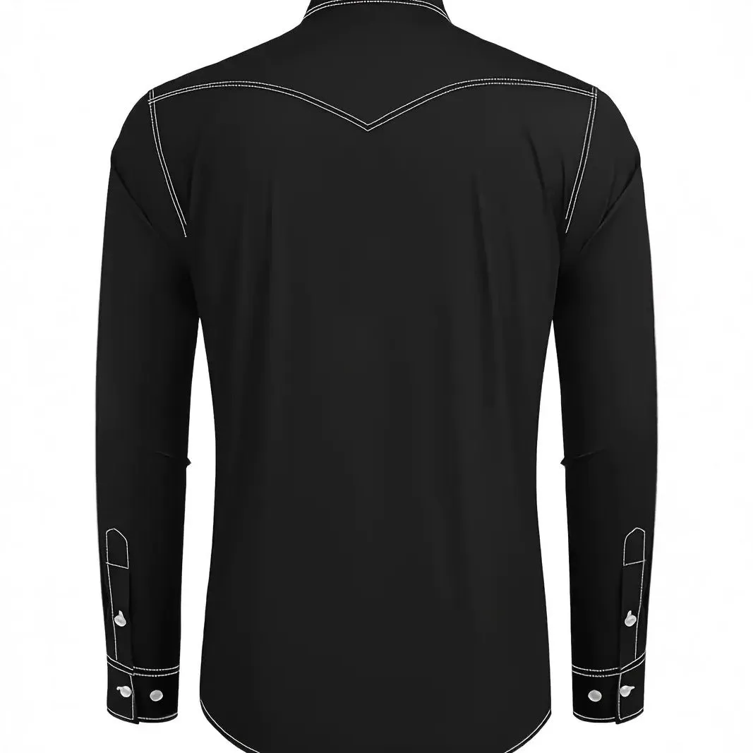 Men's western cowboy casual oxford long sleeve cardigan shirt in polyester, black colour, front view