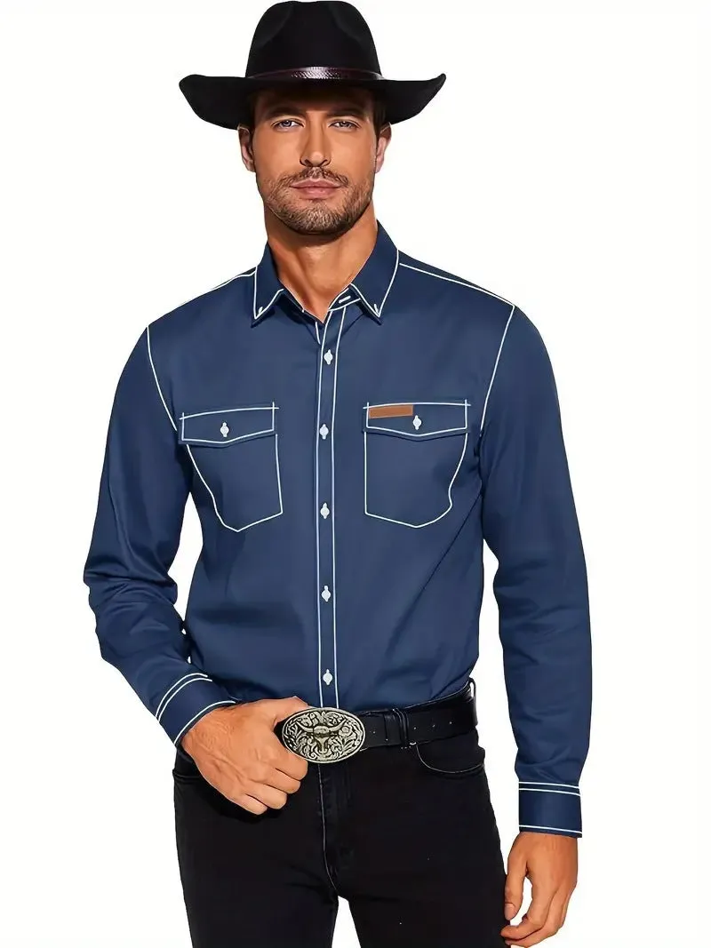Men's western cowboy casual oxford long sleeve cardigan shirt in polyester, black colour, front view