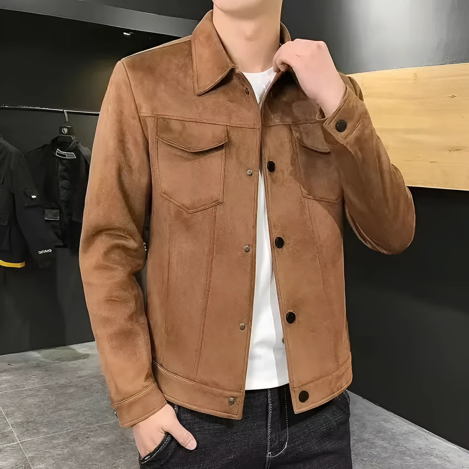 Casual solid colour loose men's top with 3D patch pocket in suede brown