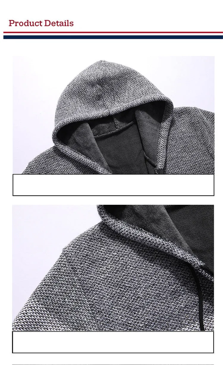 Casual men's hooded plus fleece warm sweater cardigan in colour-block design, front view, on a plain background.
