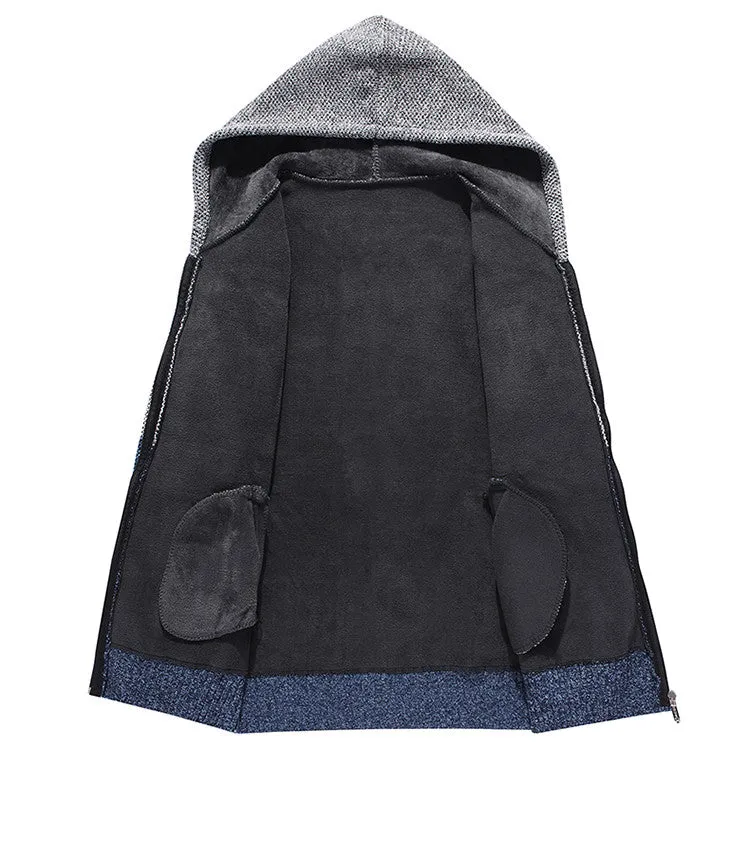 Casual men's hooded plus fleece warm sweater cardigan in colour-block design, front view, on a plain background.