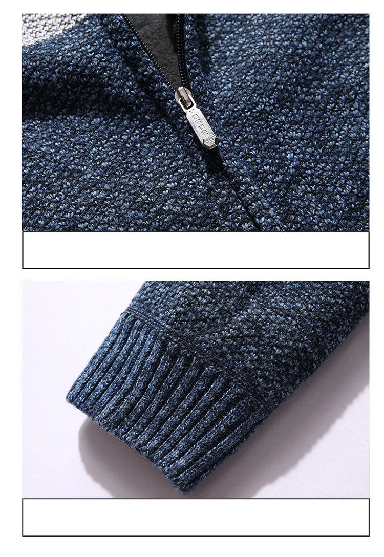 Casual men's hooded plus fleece warm sweater cardigan in colour-block design, front view, on a plain background.