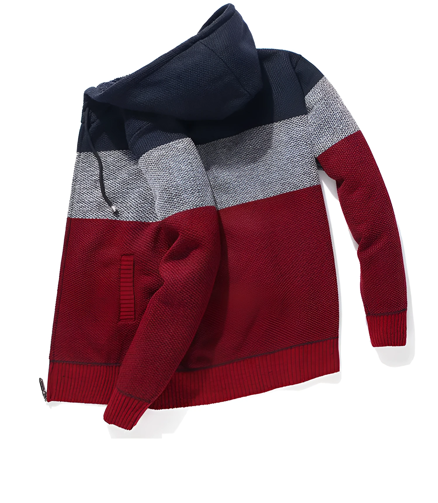 Casual men's hooded plus fleece warm sweater cardigan in colour-block design, front view, on a plain background.