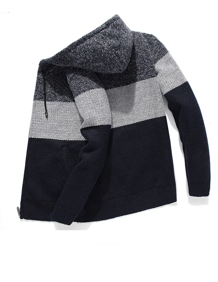 Casual men's hooded plus fleece warm sweater cardigan in colour-block design, front view, on a plain background.