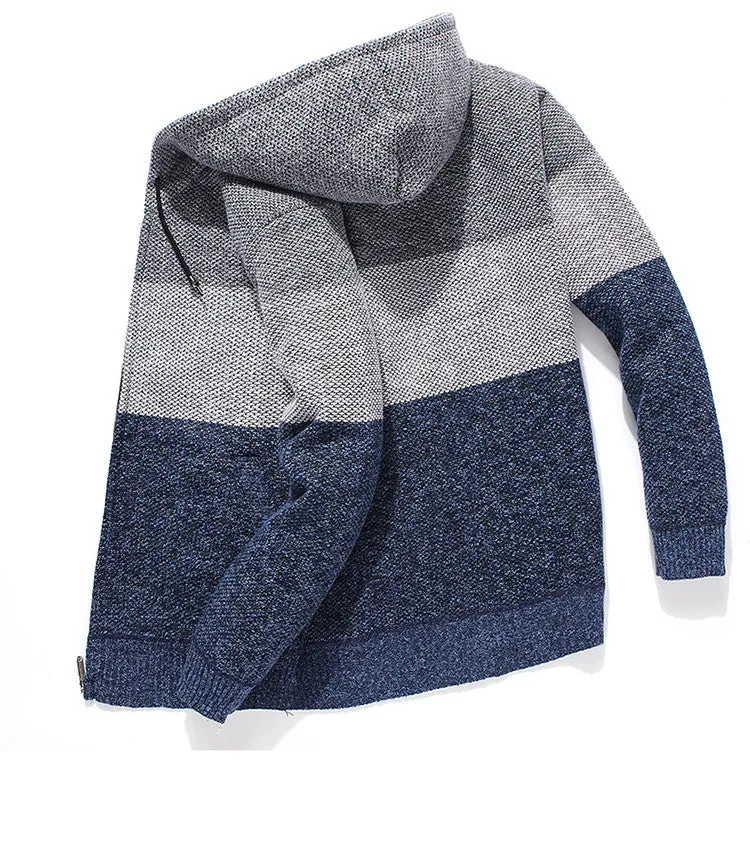 Casual men's hooded plus fleece warm sweater cardigan in colour-block design, front view, on a plain background.