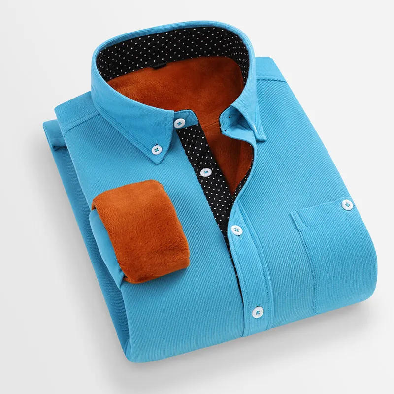 Mens casual flannel shirt in solid colour, thickened winter linen fabric, long sleeves, loose fit