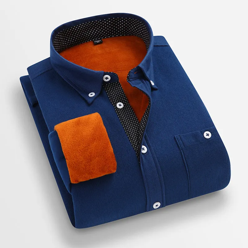 Mens casual flannel shirt in solid colour, thickened winter linen fabric, long sleeves, loose fit