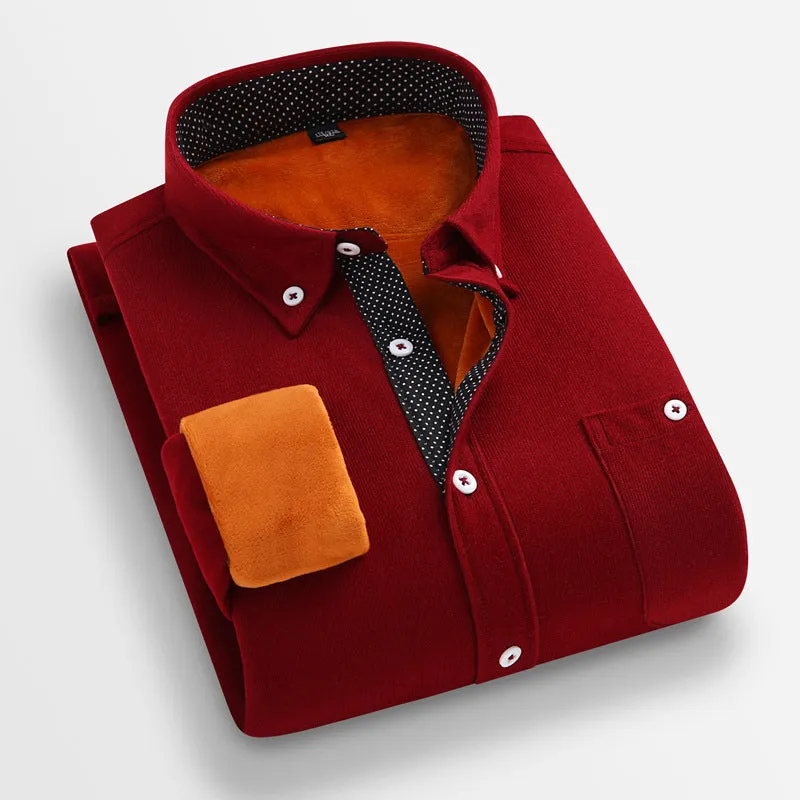 Mens casual flannel shirt in solid colour, thickened winter linen fabric, long sleeves, loose fit