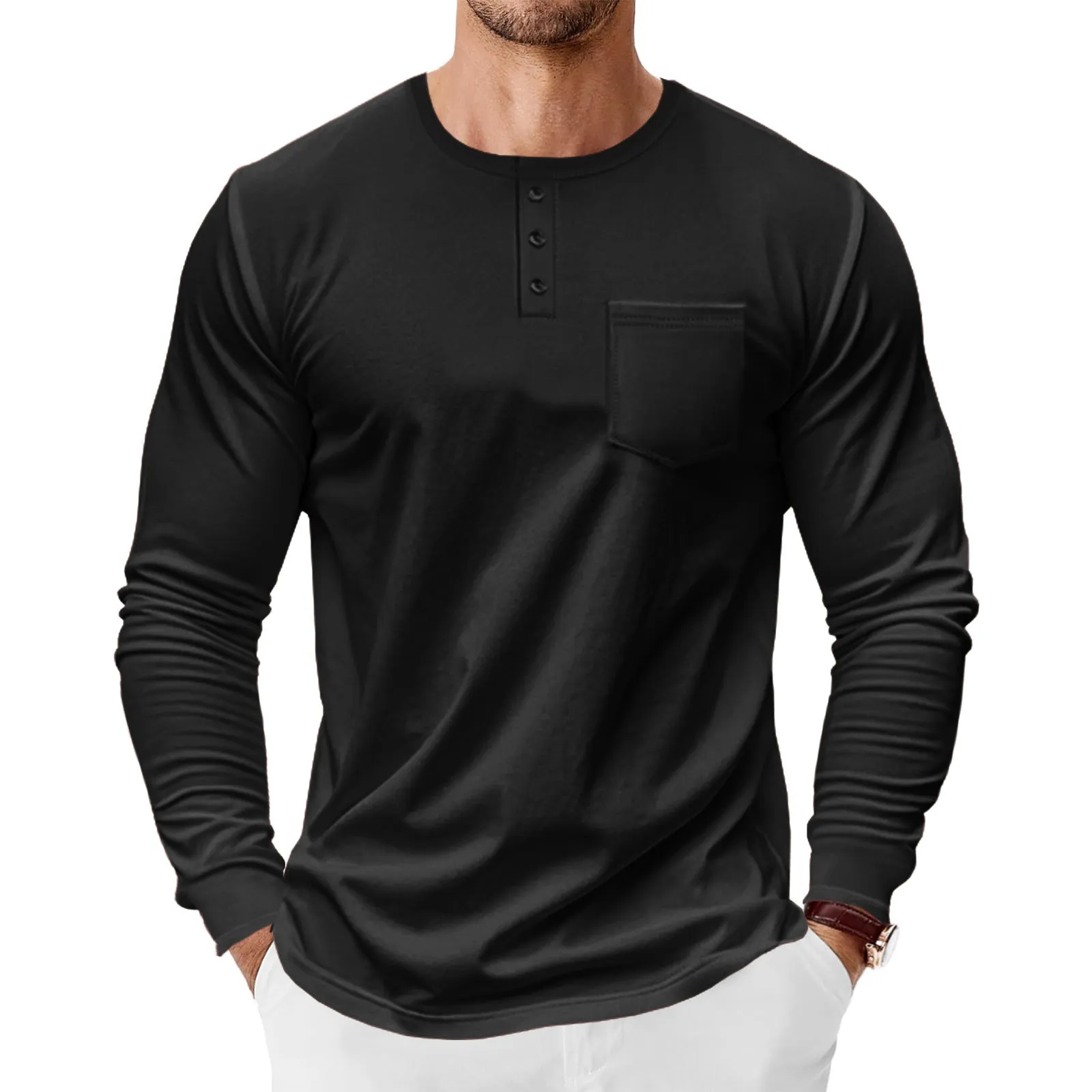 Men's spring autumn long sleeve Henley shirt slim fit pullover polyester available in 7 colours including khaki and denim blue