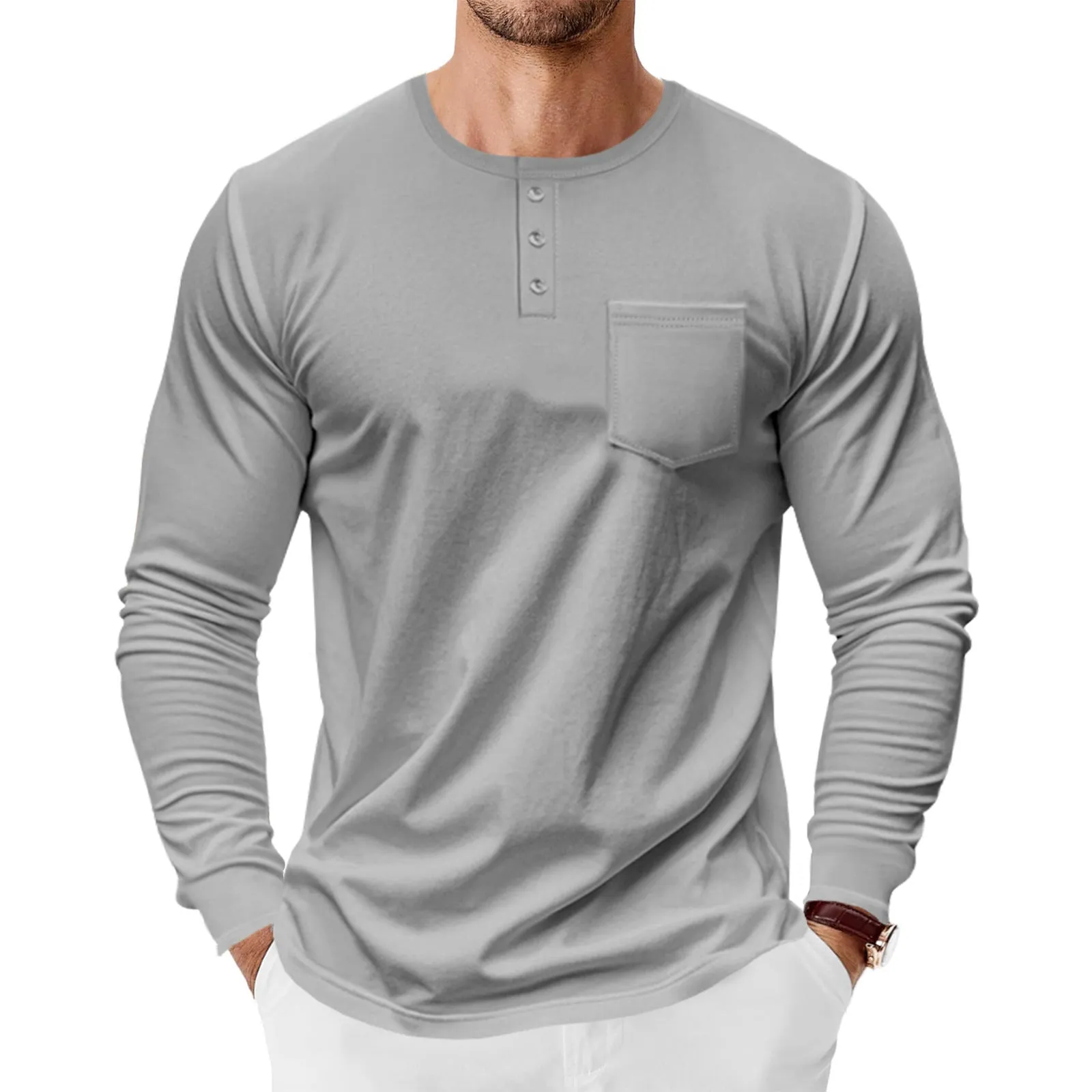 Men's spring autumn long sleeve Henley shirt slim fit pullover polyester available in 7 colours including khaki and denim blue