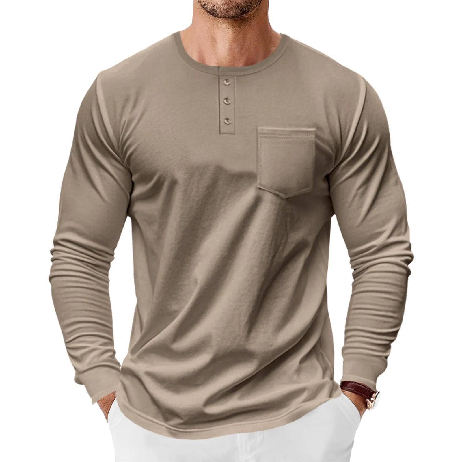 Men's spring autumn long sleeve Henley shirt slim fit pullover polyester available in 7 colours including khaki and denim blue