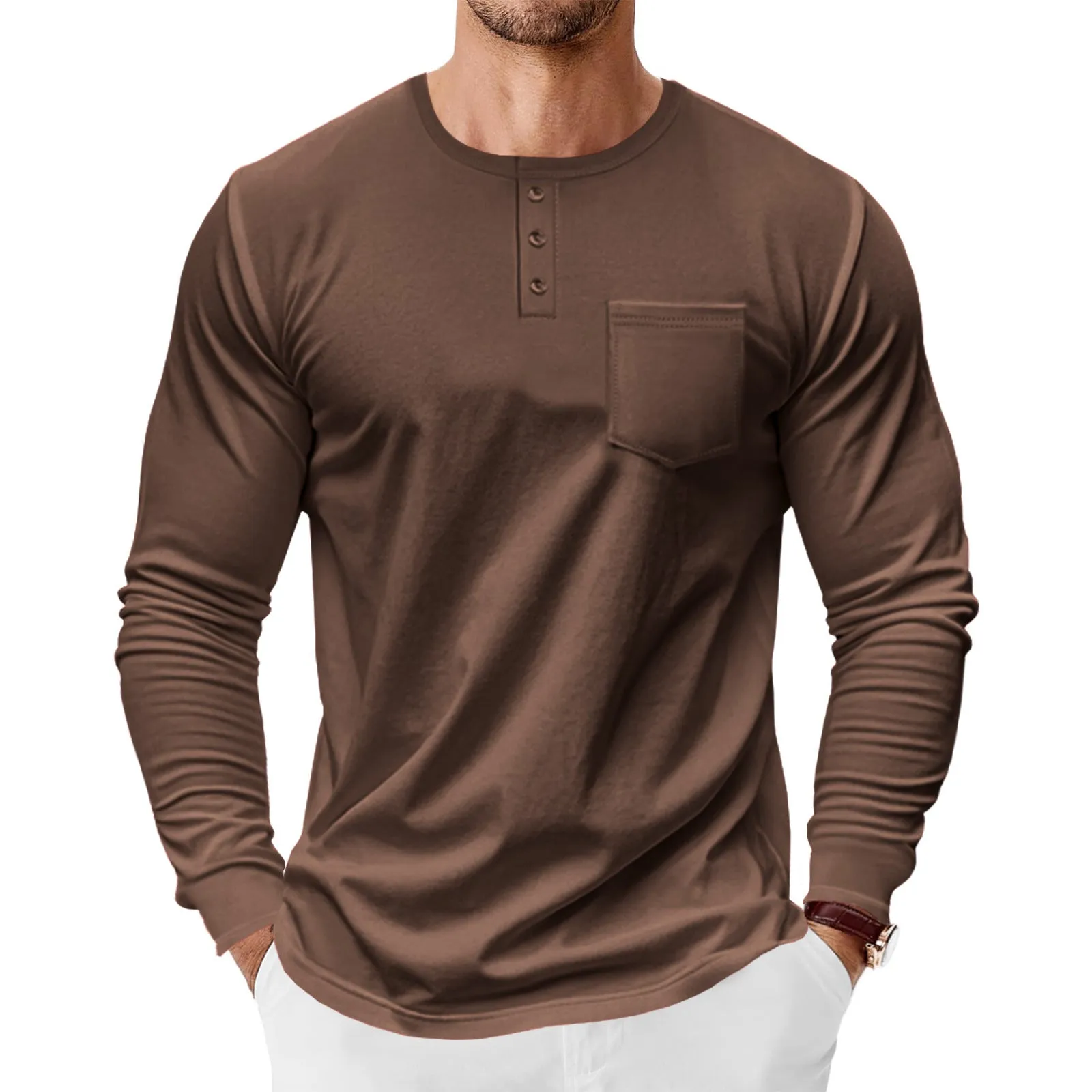 Men's spring autumn long sleeve Henley shirt slim fit pullover polyester available in 7 colours including khaki and denim blue