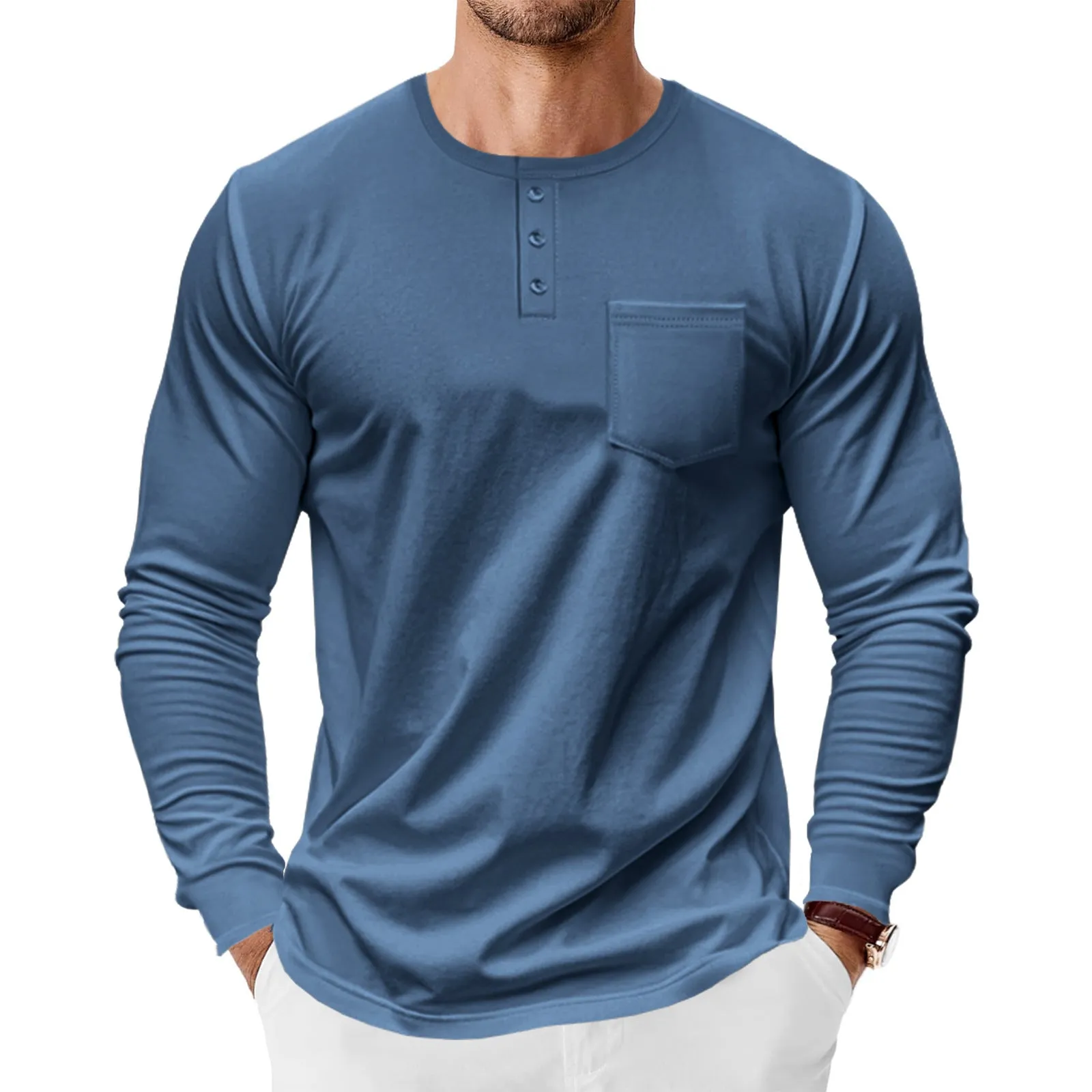 Men's spring autumn long sleeve Henley shirt slim fit pullover polyester available in 7 colours including khaki and denim blue
